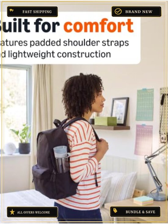 Classic Durable Backpack with Padded Straps, Water Bottle Pockets, Polyester
